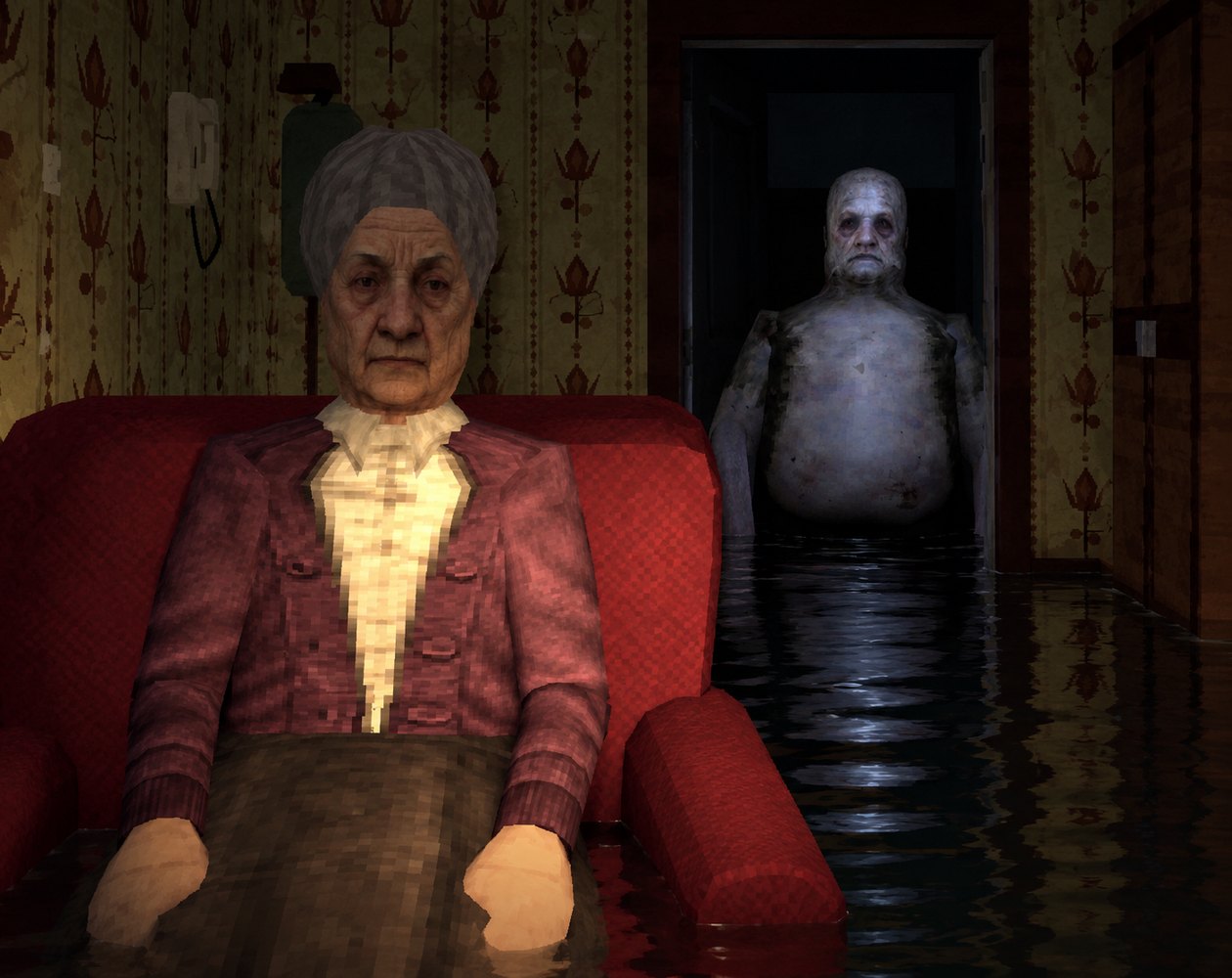 Edith in her armchair, a drowned man in the flooded doorway
