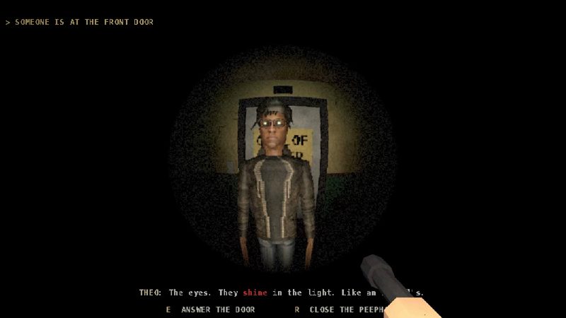 Someone at the front door, seen through the peephole